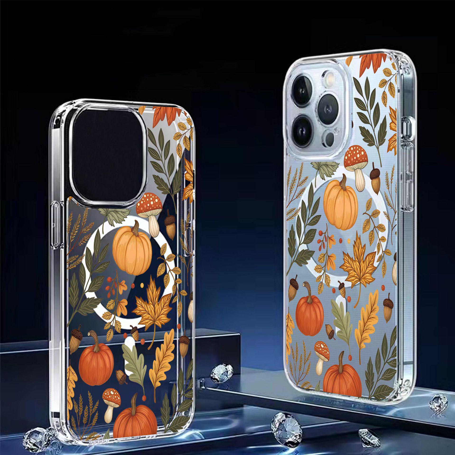Pumpkin Leaves Magnetic Transparent Full Coverage Case for iPhone 15/16/17 Pro Max iPhone 15 Pro Max