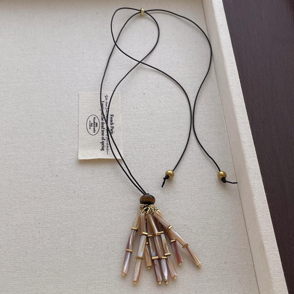 

Stylish Shell Natural Stone Tiger Eye Beads Tassel Strand Pendant Necklace For Women Long Adjustable Rope Sweater Chain 77cm
