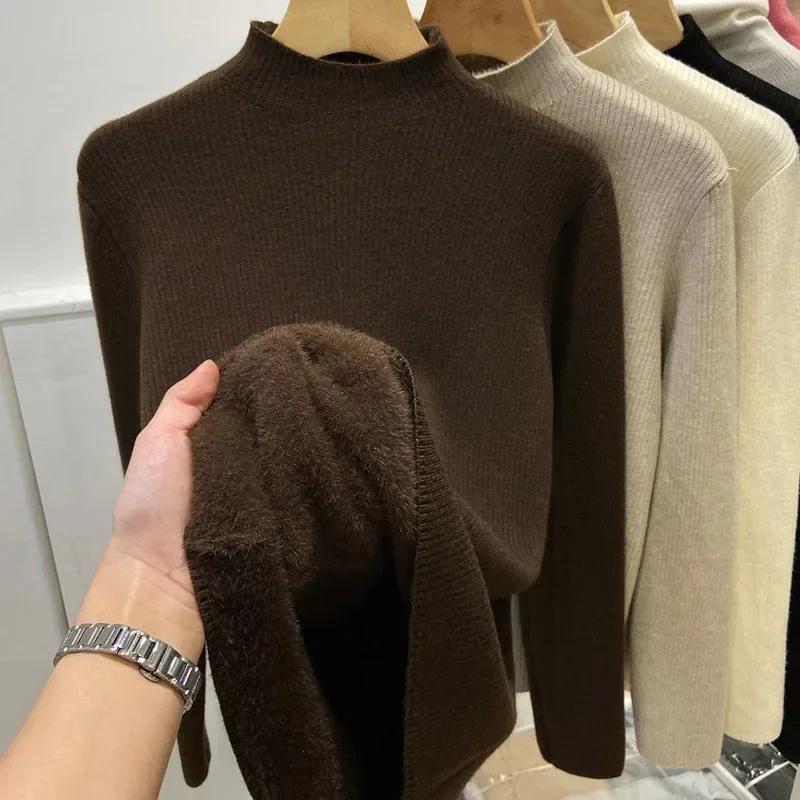 Winter Half High Collar Plush Knitted Sweater For Women Fashion 2024 Office-lady Pullover Sweaters Slim Fit Casual Warm Velvet Knitwear Clothes 30068