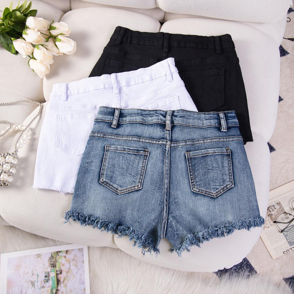 Shorts en Jean pour Femme Taille Haute Stretch Élevé Coupe Droite Effilochés Déchirés Ourlet Brut Décontractés Été