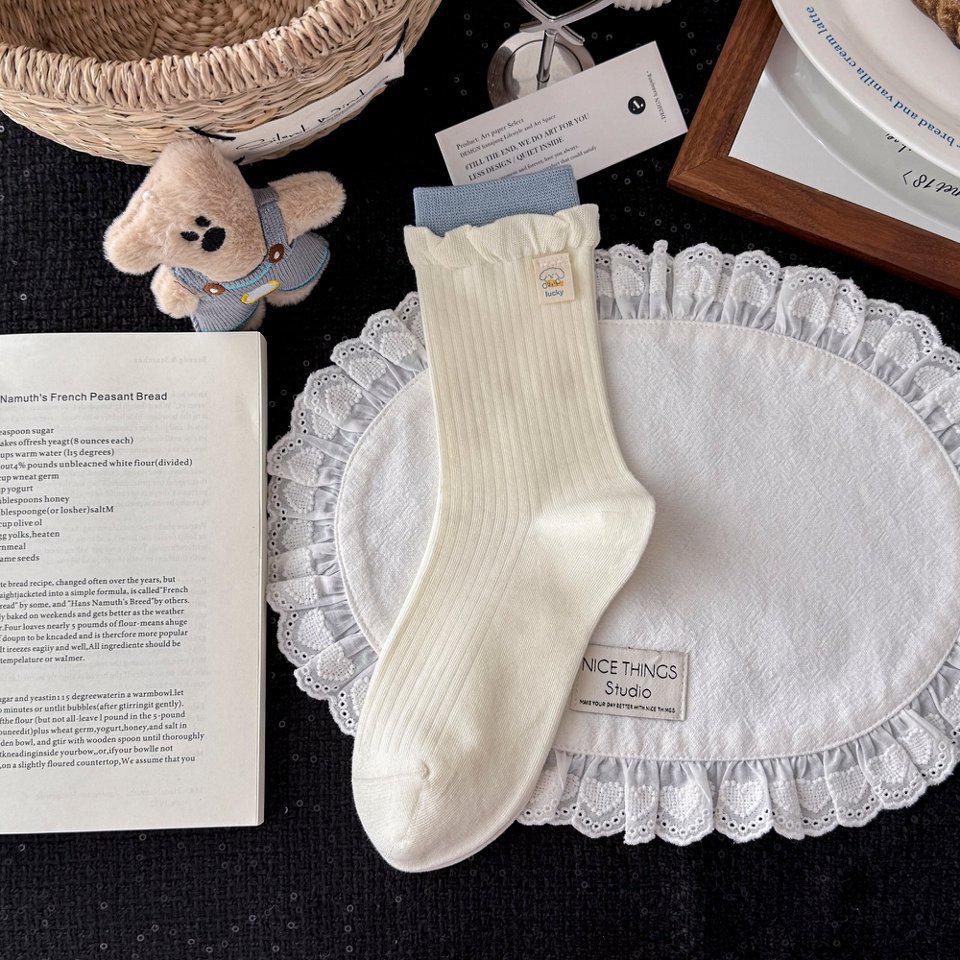 Korean Blue-Grey Mid-Calf Combed Cotton Women's Socks - Trendy Japanese Cute Puppy Design