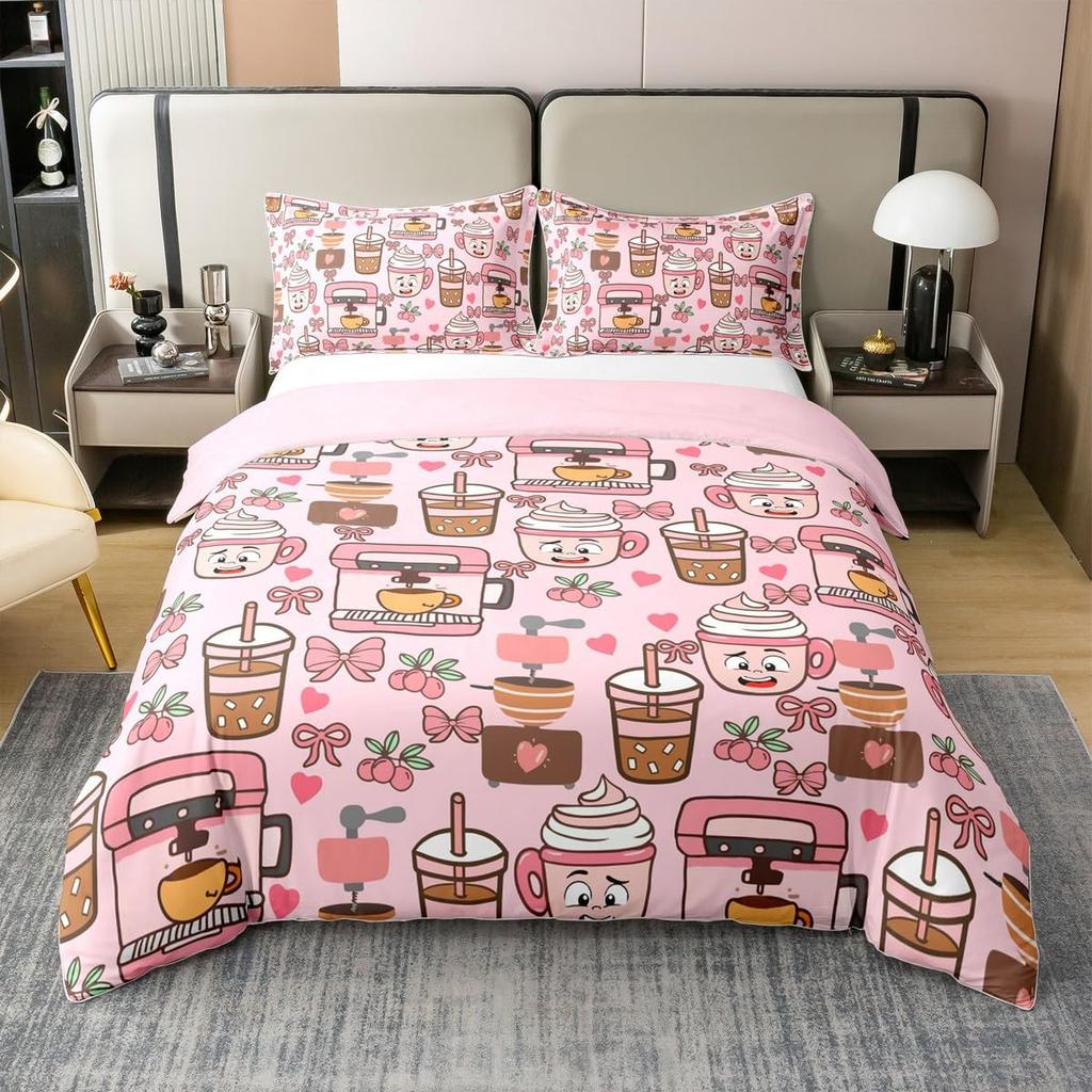 Cartoon Milk Tea Duvet Cover for Kids Teens Lightweight Quilt Covers Bedroom Decor Afternoon Tea Themed Bedspread Cover No Quilt