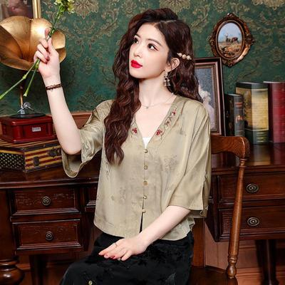 Spring 2024 Women's Retro Chinese Style Embroidered Faux Silk Tang Blouse