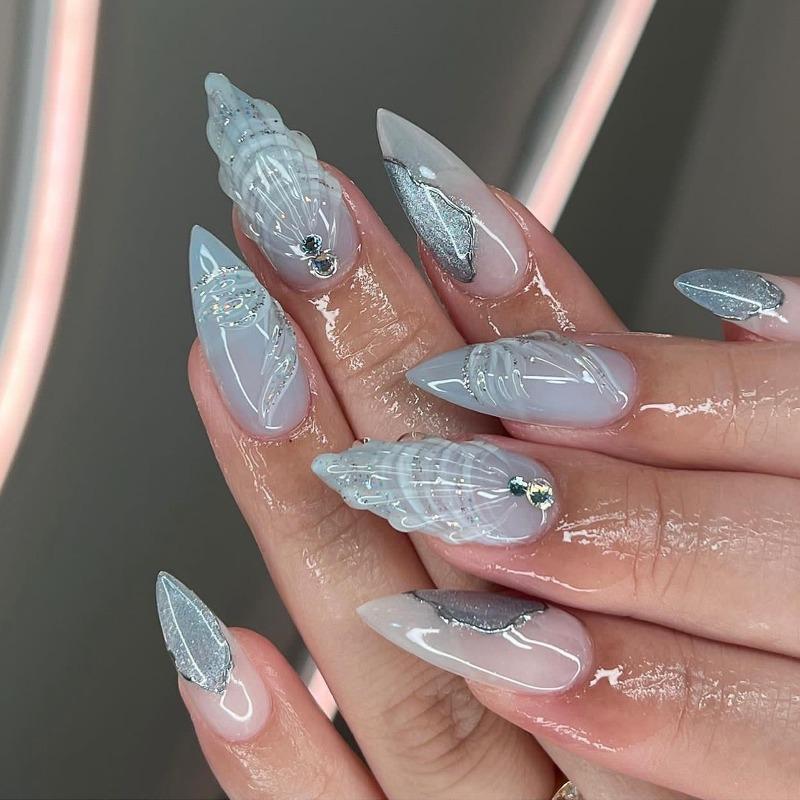 Cross-border hot-selling wearing nail pads finished products wholesale cool color 3D water drop shell manicure almond fake nails