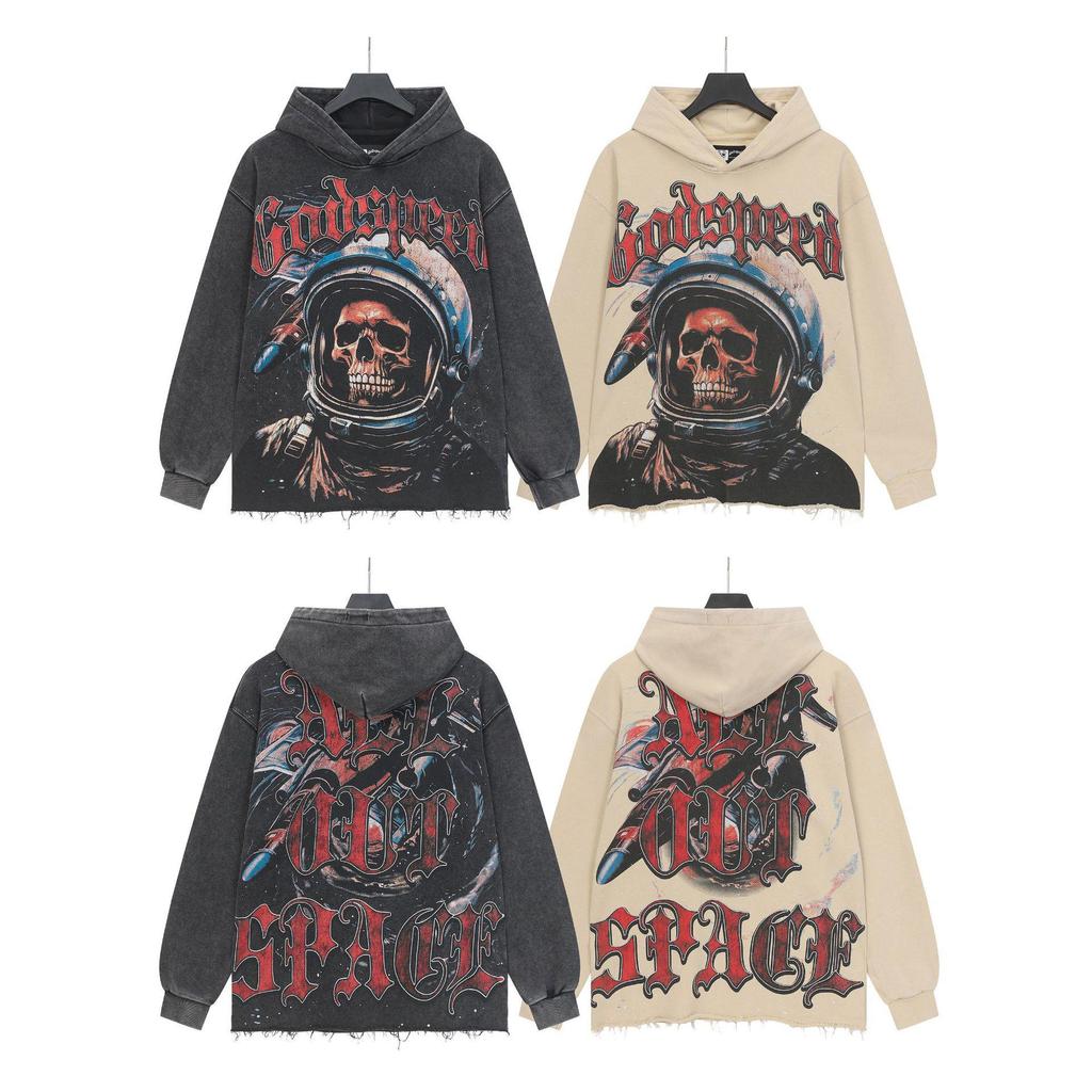 God Bless America Retro Rock Street Print Washed Hoodie - Casual Loose Fit