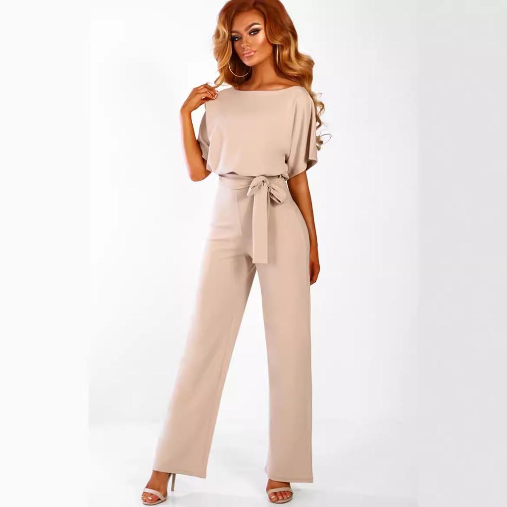 Women's clothing summer Jumpsuit, Elegant Short Sleeve Hollowed Waist Tie Solid Summer Wide Leg Pants