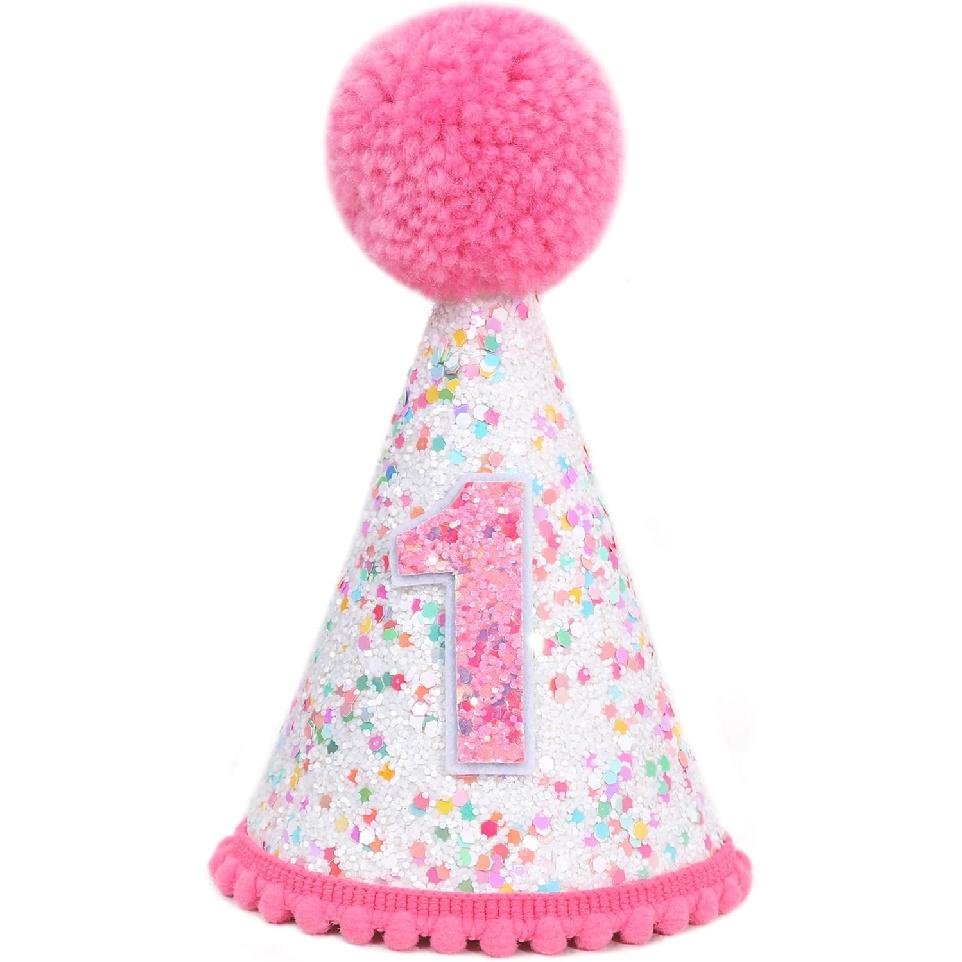 Pink 1st Birthday Hat - Glitter Sprinkle Birthday Hat for Girls, Pink First Birthday Decorations, Sweet One 1st Birthday Decor, Pink Confetti 1st