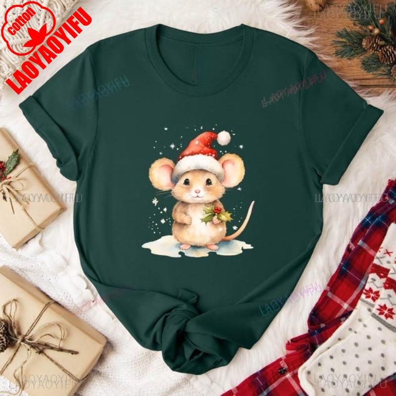 Christmas Cartoons Mouse Santa Hat Allmatch Tshirt Holiday Unisex High Quality Crewneck Casual Style Printed Tshirt Tops