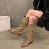 New khaki heightened and slim pleated stacked long knight boots velvet winter Martin boots