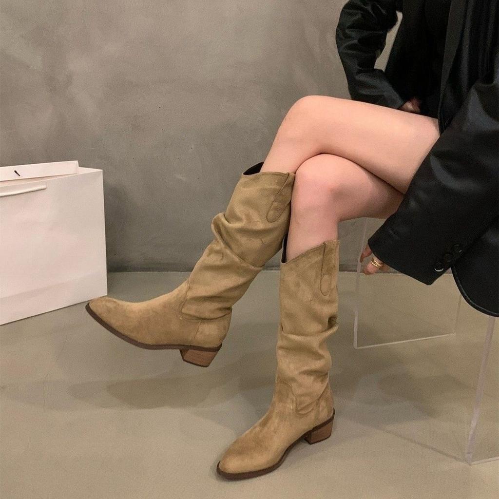 New khaki heightened and slim pleated stacked long knight boots velvet winter Martin boots