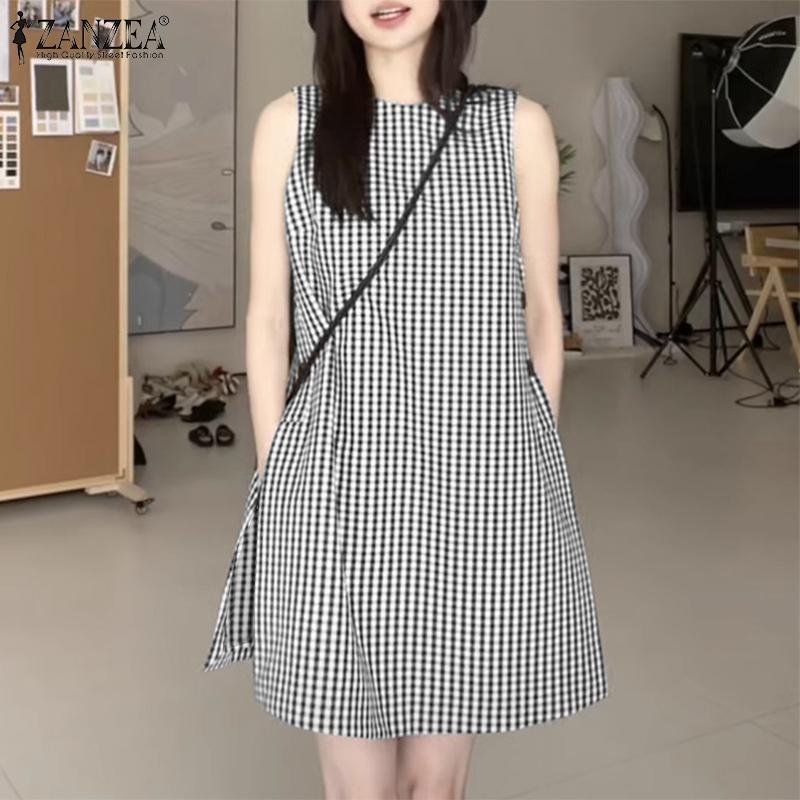 ZANZEA Women Summer Plaid Print Casual Round Neck Side Slit Sleeveless Long Tank Tops