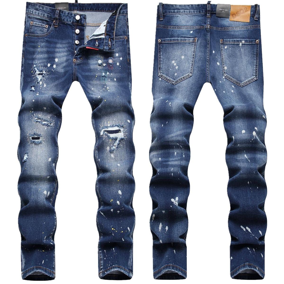 

New Men s Jeans With Holes Fashionable Trend Paint Peeling Slim Fit Small Feet Mid Waist Pants 42(58) синій