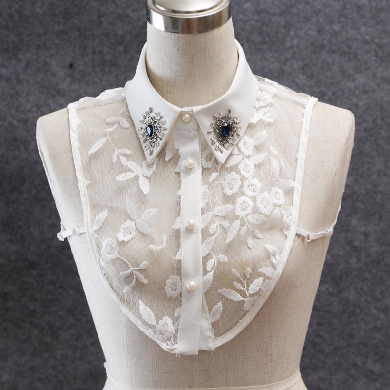 Women for Rhinestone Lace Embroidery Shirt False Collar Detachable Fake Necklace
