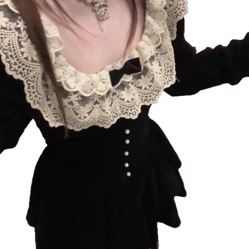 Französisches Retro-Schwarzsamt-Kleid Damen Frühling Neu Hochwertiges Gefühl Reiche Tochter Stil Geburtstagskleid Rock