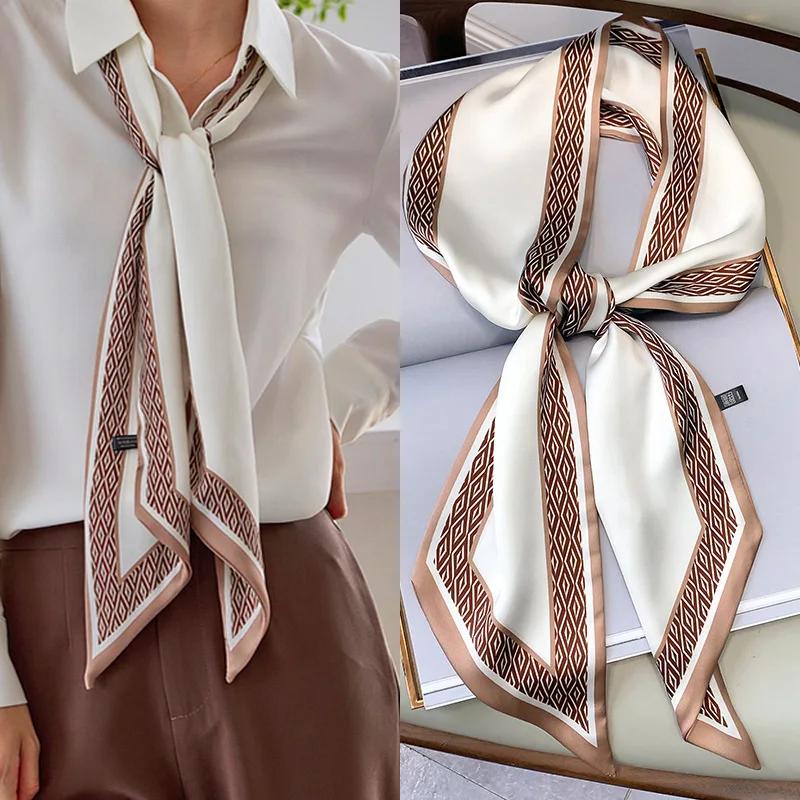 Mode Blauer Druck Seidenschal Damen Weicher Satin Pferdehaarband Schräges Halstuch Büro Hijab Stirnband Foulard Taschenbänder Geschenk