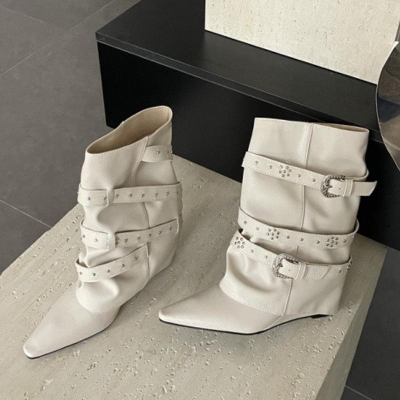 Fashion Autumn Vintage Thick Heel Women Western Cowgirl Boots Fashion Belt Buckle Ladies Elegant Slip On Mordern Mid Calf Booties
