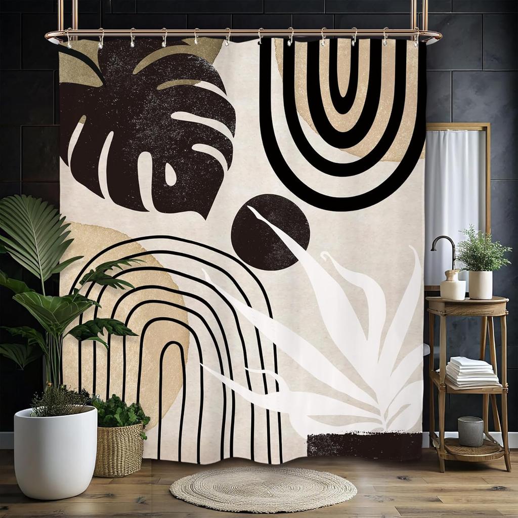 Abstract Zen Spa Shower Curtain Set Minimalist Bible Meditation Modern Aesthetic Contemporary Green Plant Leaves Monstera
