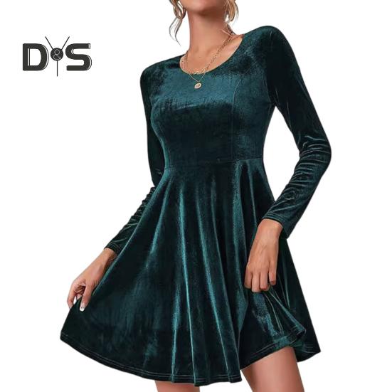 

Женское платье осень-весна с круглым вырезом, А-силуэта, большой размер, однотонное, с длинными рукавами, из бархатной ткани, длиной выше колена, короткое платье для свиданий, выпускных вечеринок S зелёный