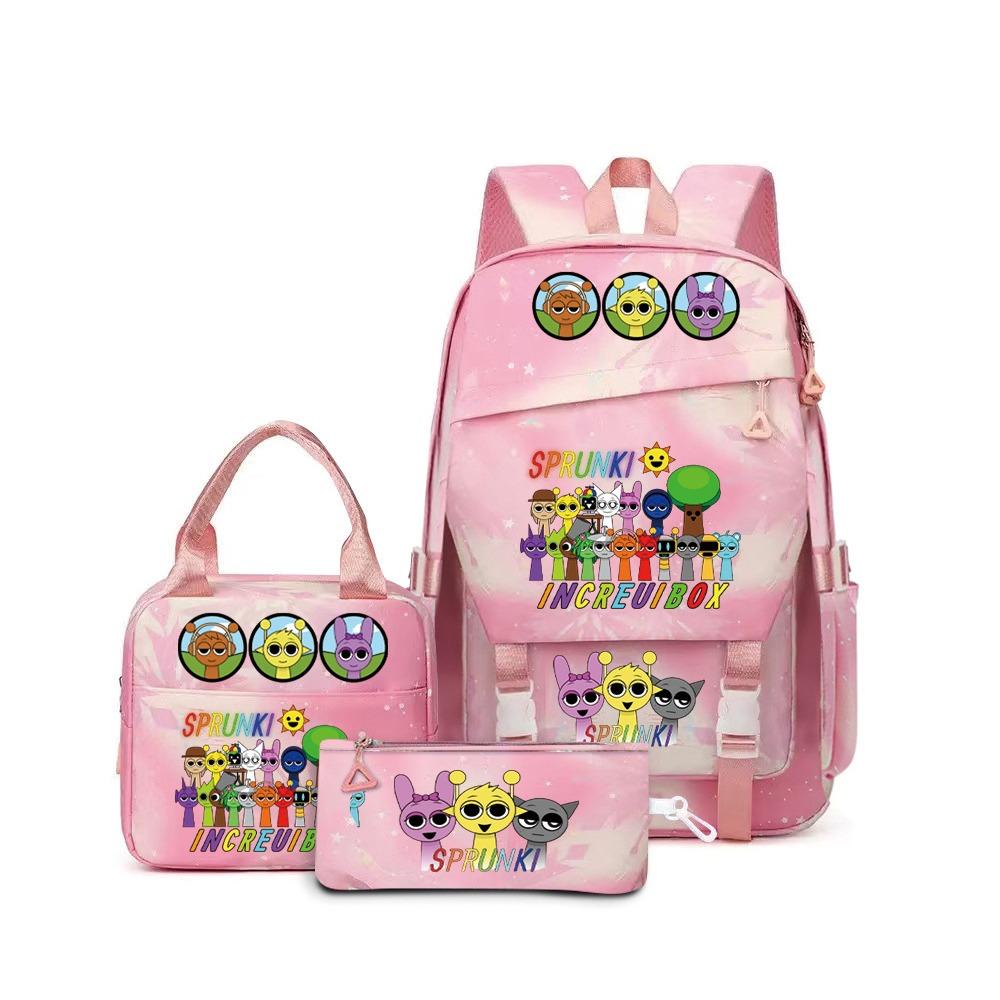 Rhythm box music game heat transfer backpack Sprunki pink schoolbag portable lunch bag stationery pencil case D