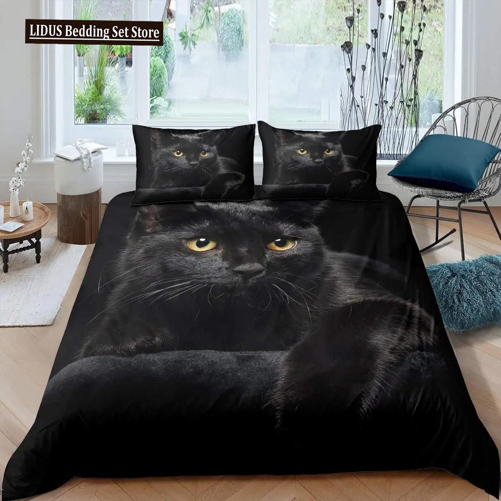 Cat Duvet Cover Set Pet Cats Pattern Twin Bedding Set Cute Kitten For Boys Polyester Mysterious Black Cat King Size Quilt Cover