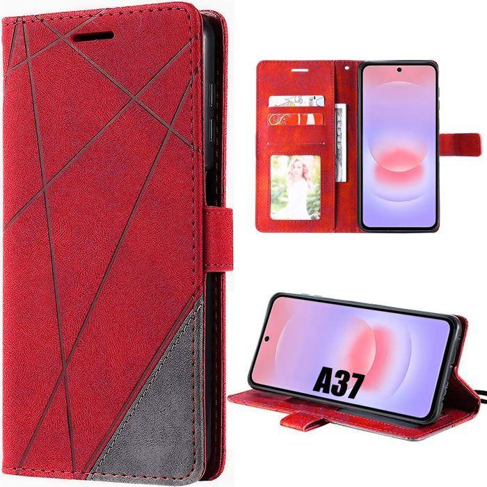 Coque pour Samsung Galaxy A37 5G, Protection Flip Case Antichoc Anti-Rayures Effet Cuir Gris Rouge