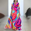 Ladies' Casual And Fashionable Solid Color Printed Patchwork V-neck Long  Dress