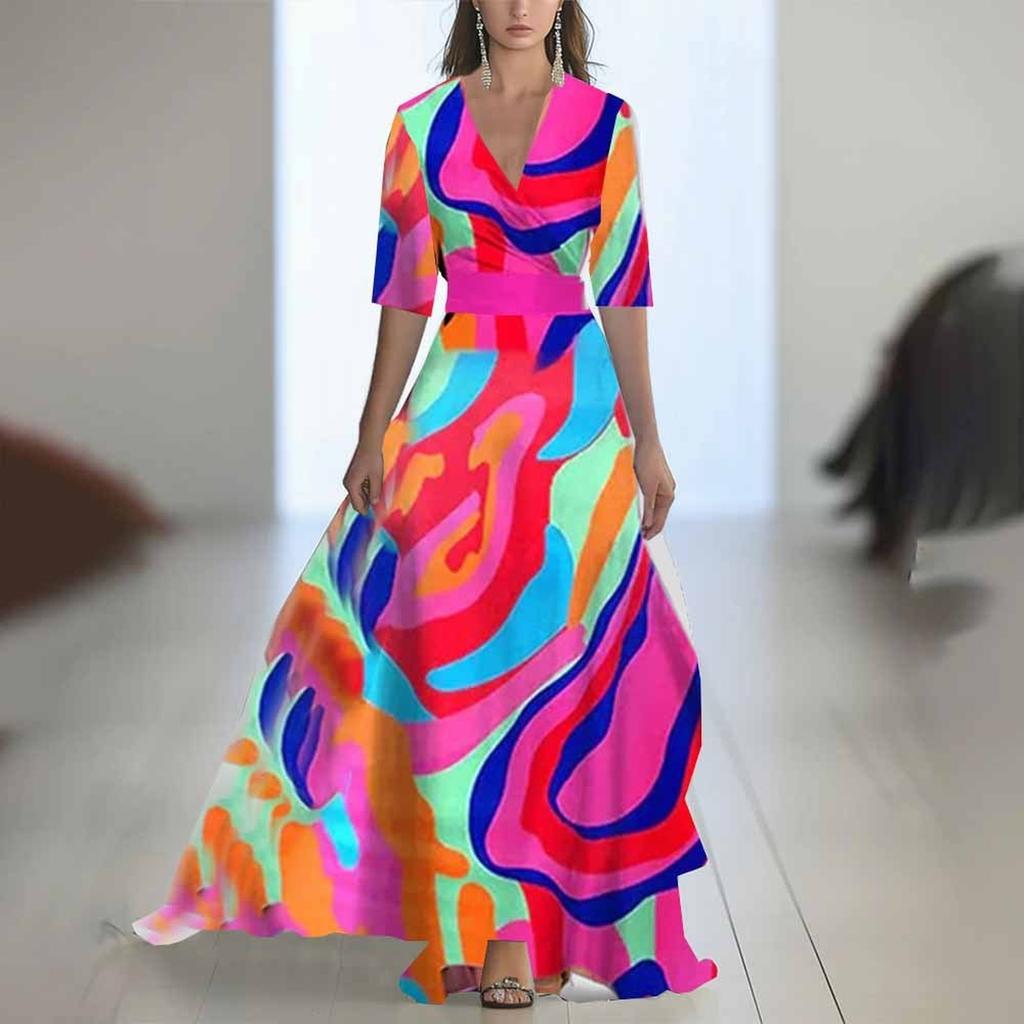 Ladies' Casual And Fashionable Solid Color Printed Patchwork V-neck Long  Dress