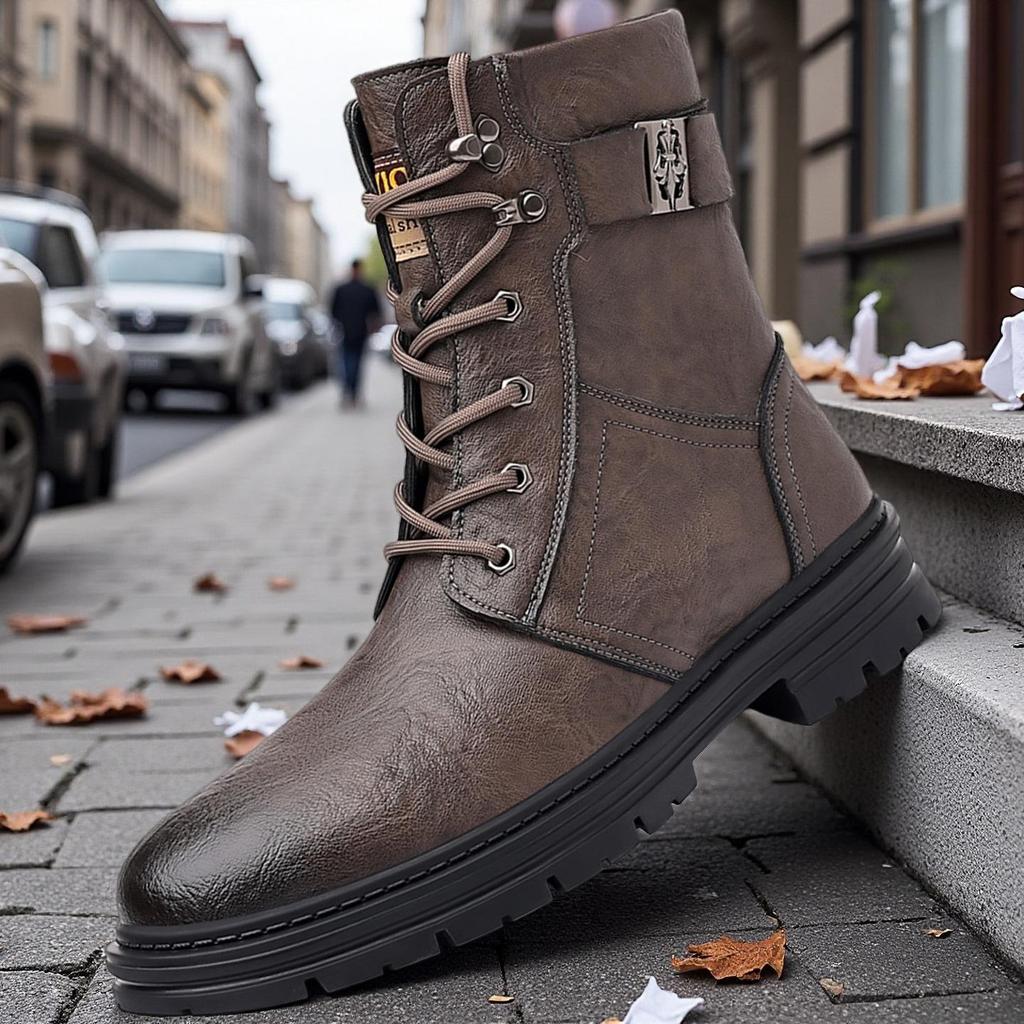 Men's High-Top Winter Fashion Boots with Wool Lining - Warm & Thickened for Cold Weather.