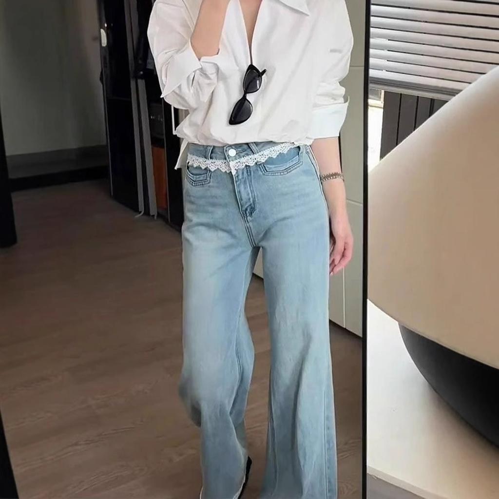 Light Blue Lace Lace Splicing Micro Flared Jeans Women's Design High-waisted Skinny Broad-legged Long Trousers Jeans for Women Long Denim Pants