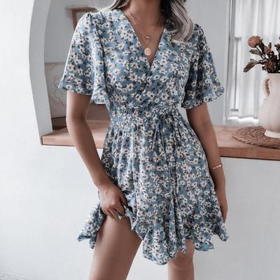 Floral Print Chic Women Summer Dress V Neck Short Sleeve A Line Ruffled Pleated Fashion