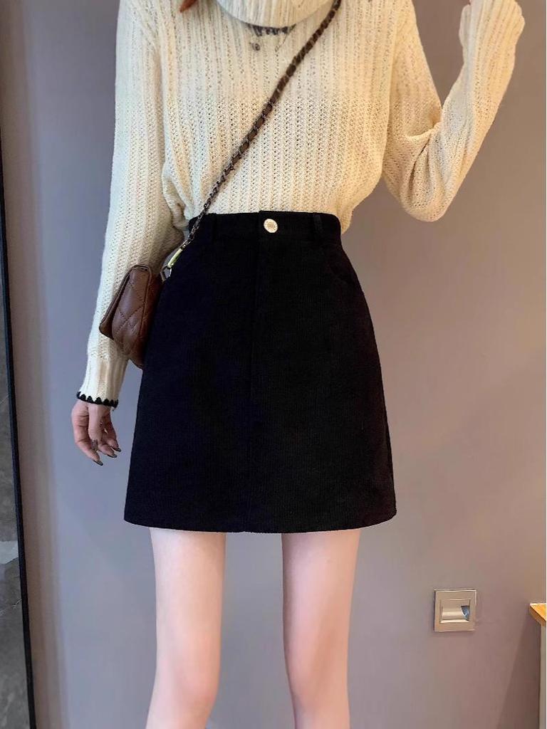 Women's Plus Size High Waist Coffee Corduroy A-Line Skirt - Slimming Anti-Exposure Short Skirt for Fall/Winter