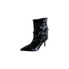 European and American style big tube circumference belt buckle pointed head high heel short boots