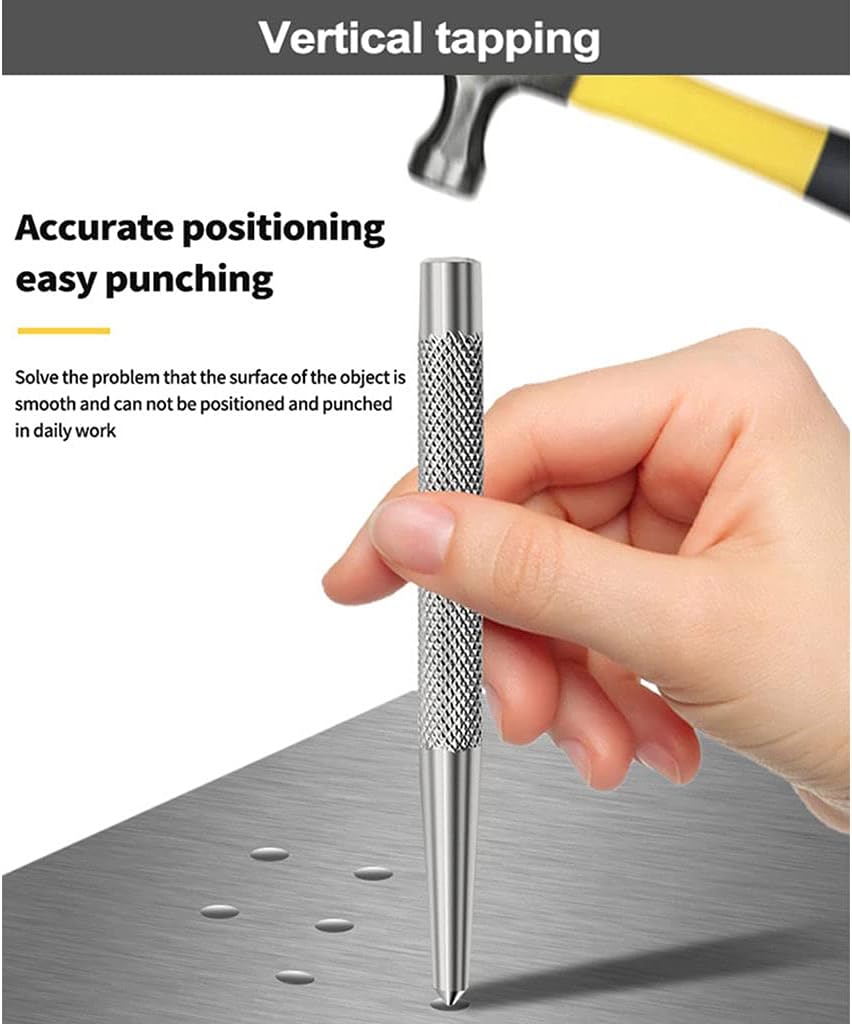 Středicí jehla s vysokou tvrdostí Neklouzavá rukojeť Kuželový hrot Středicí lokátor Značka pro vrtání do kovu Středicí jehla Kladívkový středicí hrot