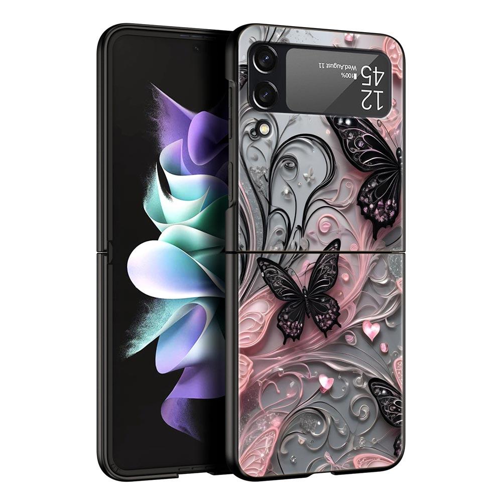 Fashionable Butterfly Flower Pattern Hard PC Phone Case For Samsung Galaxy Z Flip 7 6 5 4 Black Bag For Galaxy Z Flip 3 Foldable