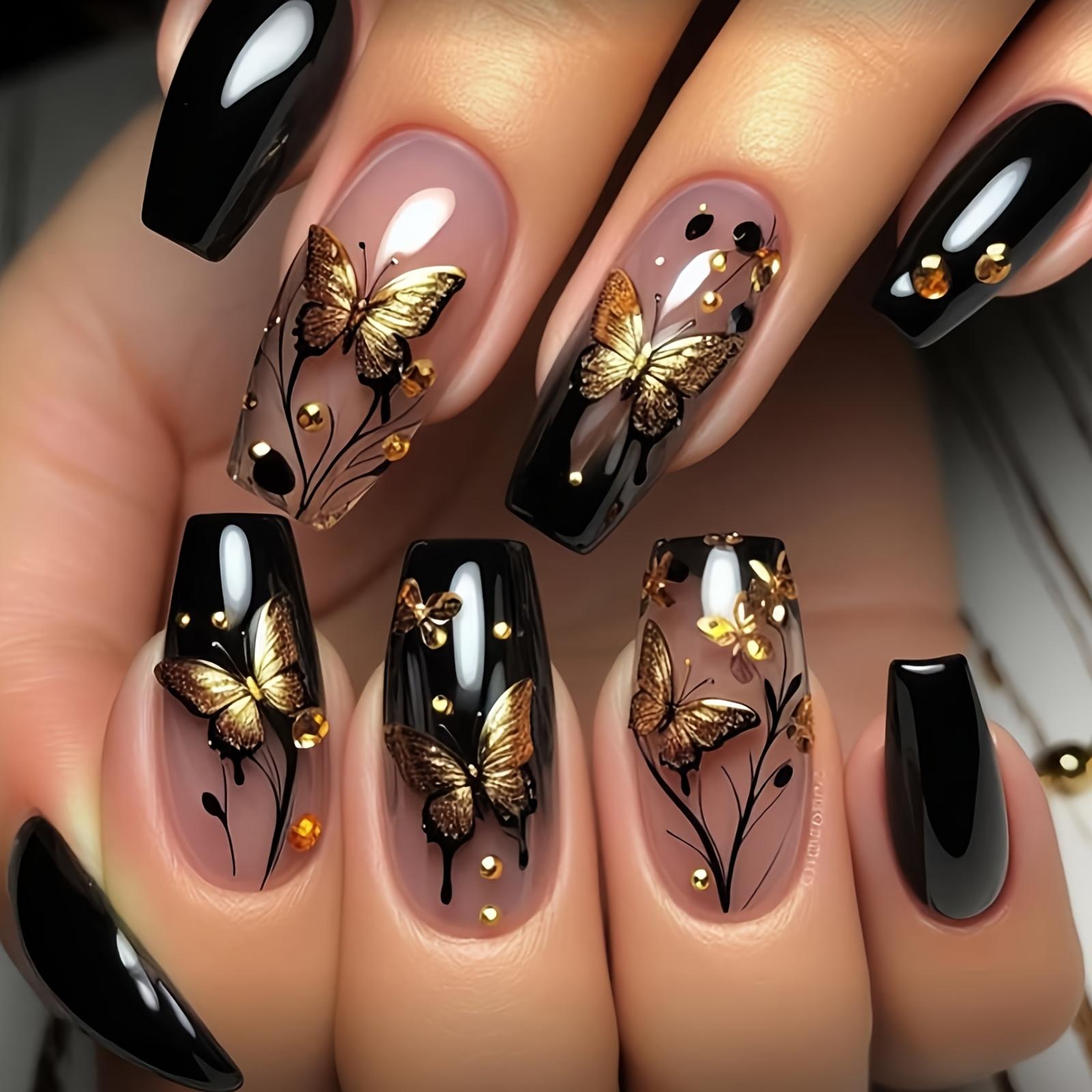 24Pcs Medium Ballet Press-On Nails, Gold Glitter Butterfly Rhinestone, Glossy & Long-Lasting A19-01-10