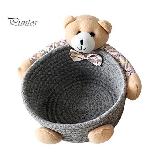 Gentle Color Storage Basket Desktop Basket, Cartoon Plush Bear And Rabbit Rope Decorative Plaid Bow Organizer Shape, Woven for Small Items Jewelry