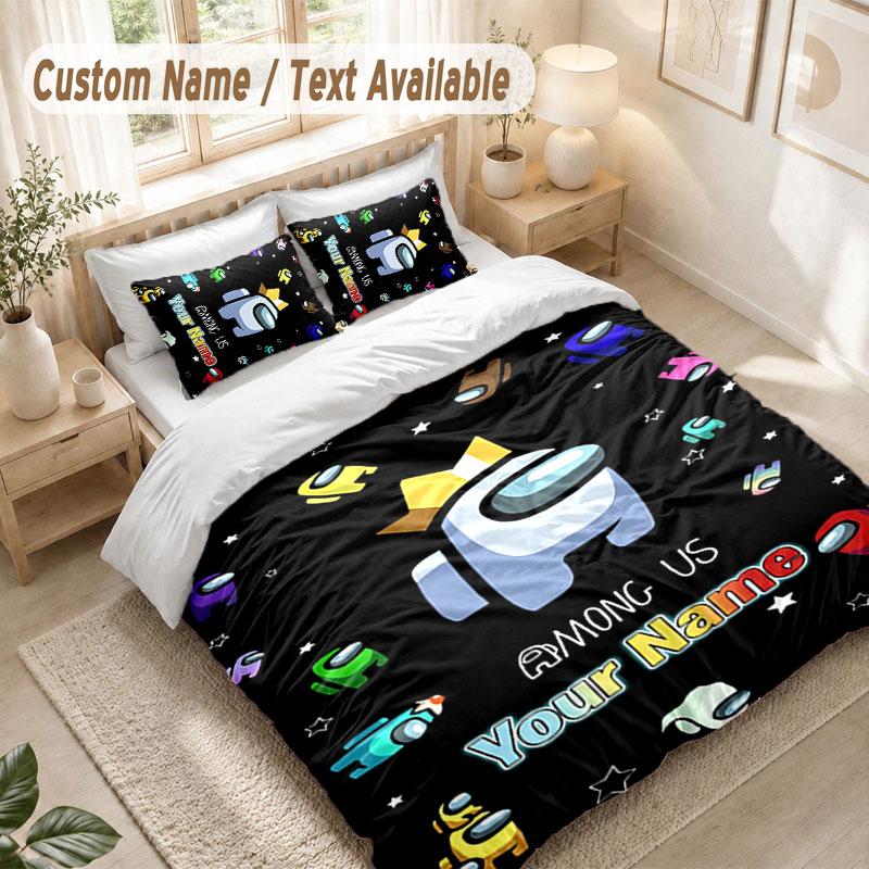 Custom Name Bedding Set 3 PiecesAmong Us Print Duvet Cover + 2 Pillowcases Soft Bed Decor