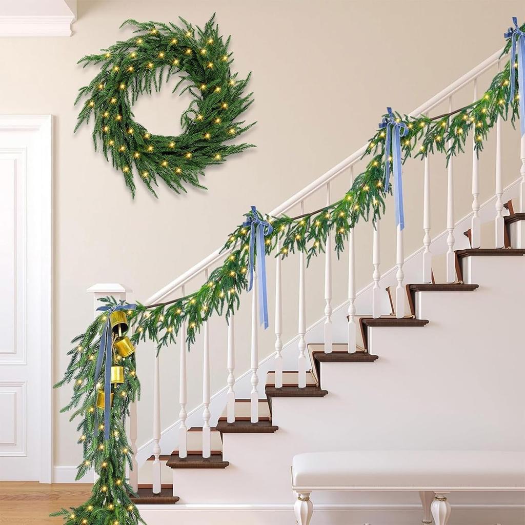 Pre-Lit Faux Christmas Garland - LED Lighted for Window Decor, Rustic Holiday Table Runner Decoration