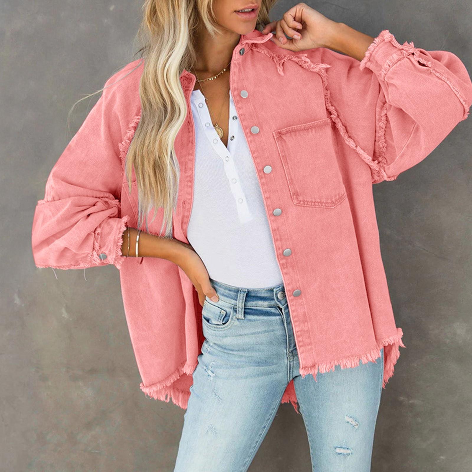 

Женская повседневная потертая джинсовая куртка с кисточками и отверстиями, свободная однотонная джинсовая куртка M розовый