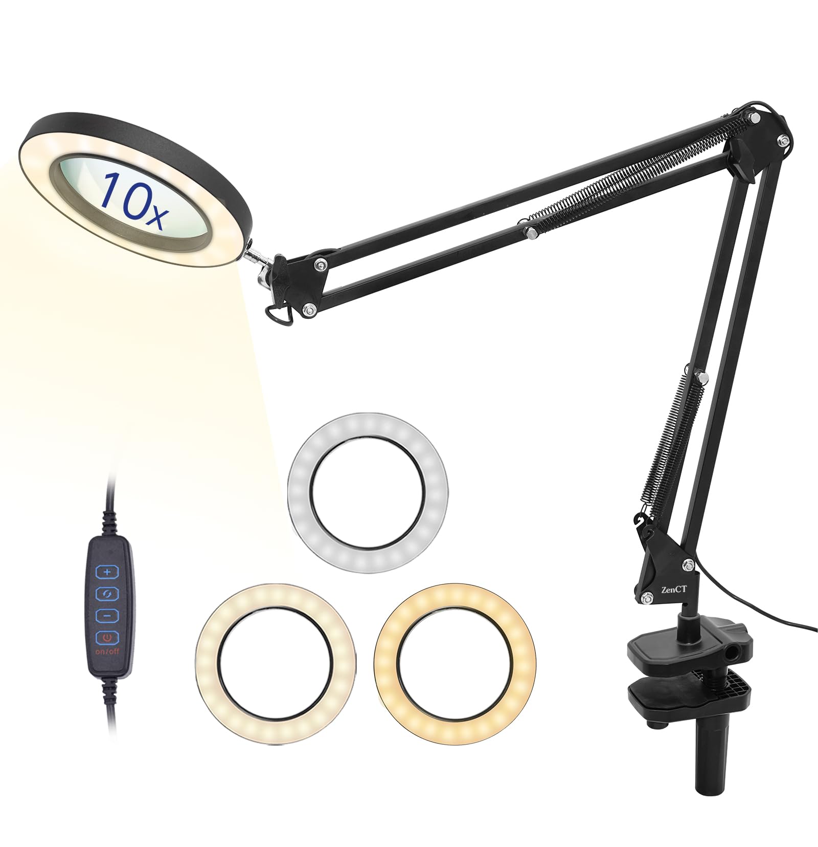 

ZenCT Stand Magnifying Glass with Diameter 10x 72 USB Stepless 3 Color Tabletop Magnifying Adjustable High Ideal for Reading and CT244 Light, 10.4cm чорний