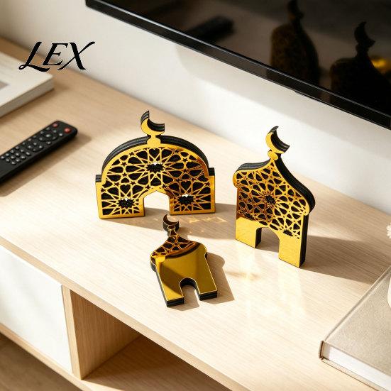 Indoor Aesthetic Ornaments 3PCS Ramadan Golden Castle Ornament, Hollow Mosque Design, Thick Wood And Religious Celebration Gifts Acrylic Desktop