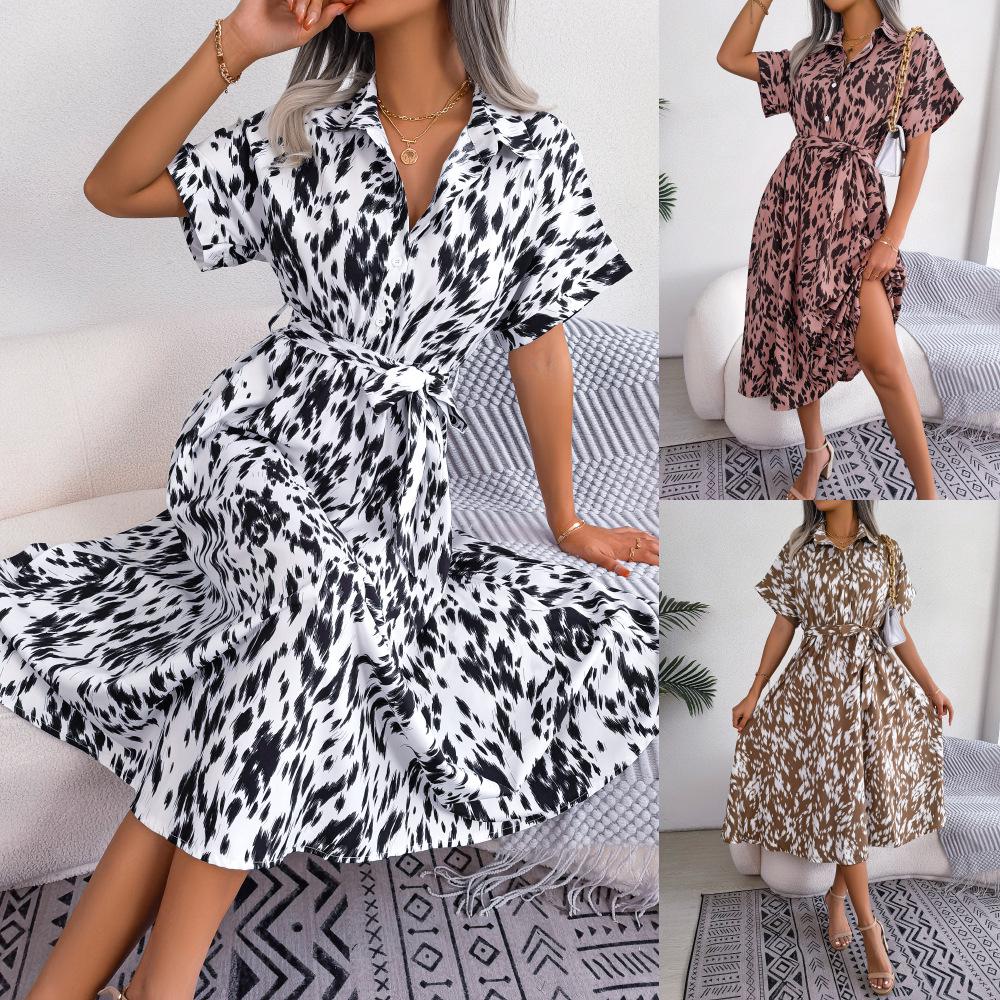2025 Spring/Summer Casual Leopard Print Tie-Up Shirt Dress for Women