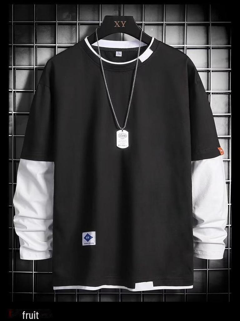 Modny męski luźny T-shirt z długim rękawem na wiosnę i jesień - nowa letnia warstwa bazowa z krótkim rękawem