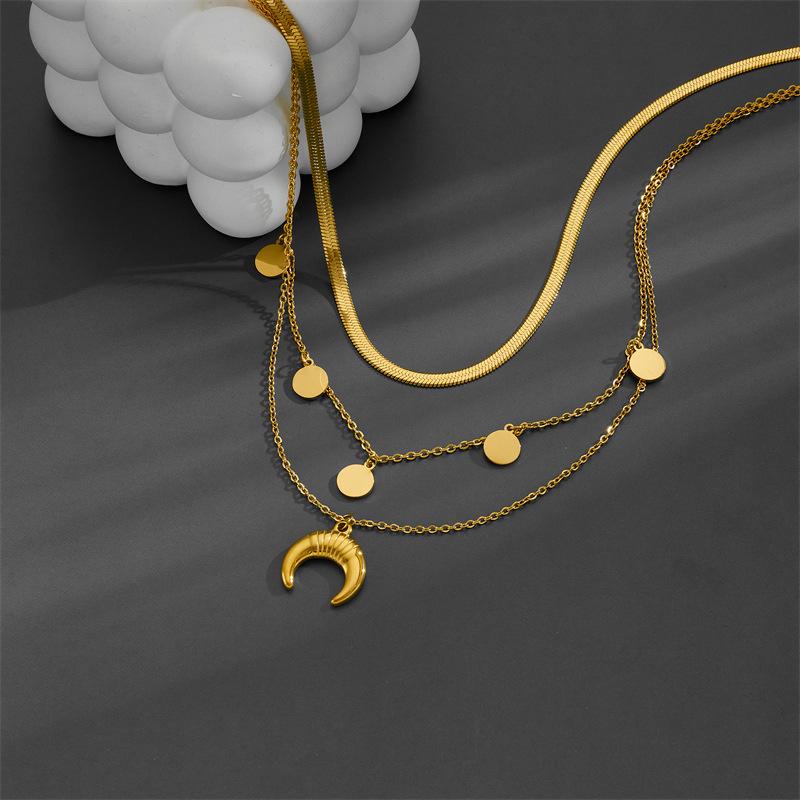 Bohemian Starburst Layered Necklace with Inverted Crescent and Round Disc in Stainless Steel