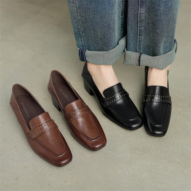 Fashion New Spring/summer Square Toe Genuine Leather Shoes for Women Fashion Rivet Women Pumps Handmade Women Shoes Chunky Heel Loafers