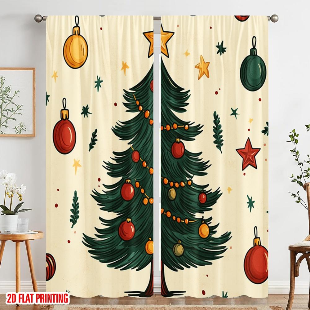 2pcs,2D Plane Printing Pattern Curtains Christmas Tree Baubles Festive_a (2) Versatile Polyester (without Rod) Art Deco Festive