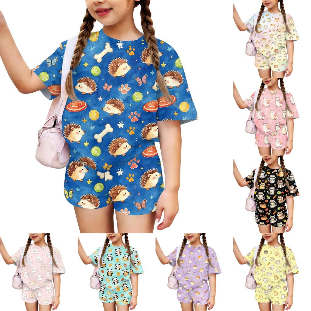Kids Casual Short Sleeve Top and Shorts Set Animal Print Two Piece Outfit Comfortable Lightweight Soft Fabric Summer Wear
