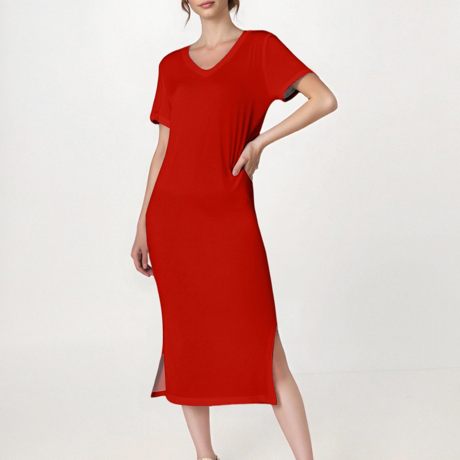 

Женское повседневное платье-миди с V-образным вырезом, короткими рукавами, разрезом по подолу и карманами, разных цветов XL красный