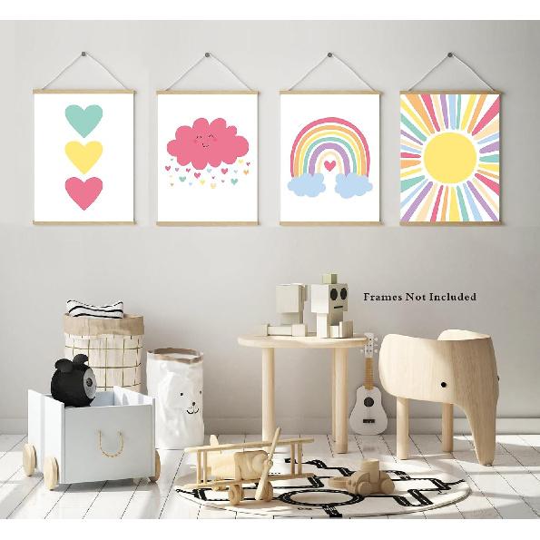 Pink Nursery Canvas Wall Art Rainbow Art Poster,Boho Rainbow Sun Hearts Canvas Wall Art,Kids Bedroom Baby Girls Toddler Pastel Wall Print for