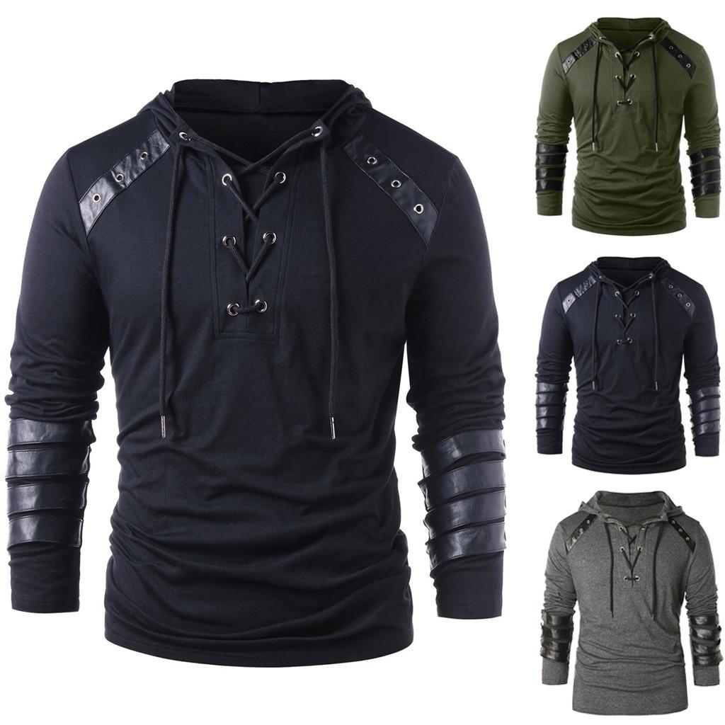 Men Winter Drawstring Vintage Leather Patchwork Long Sleeve Hooded Tops Blouses